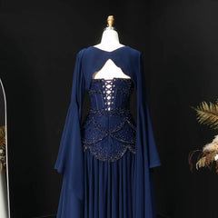 Cape Sleeve Chiffon Tiered Petals Sequined Pearl Embellished Gown