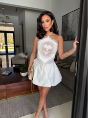 White Doily Lace Neck Tie-Up Top And Mini Bubble Skirt Set