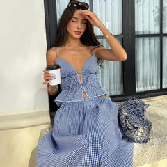 Blue and White Gingham Tie Up Crop Top and Long Skirt Set