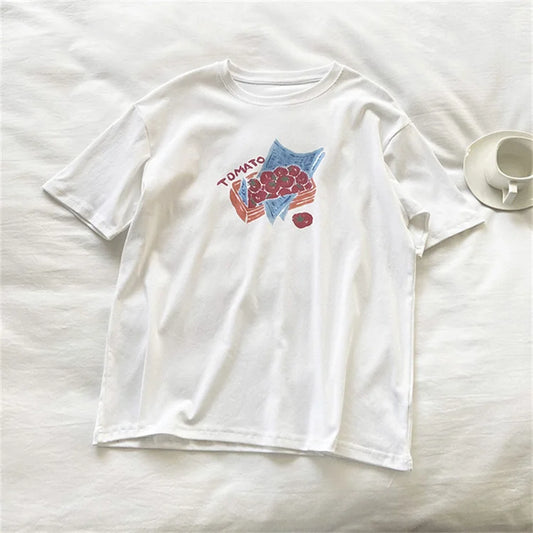 White t-shirt with a graphic design on a white surface