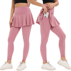 Pink leggings with a skirt detail worn by two models - side pocket detailing
