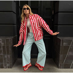 Striped Contrast Wave Cut  Wide Leg Pants