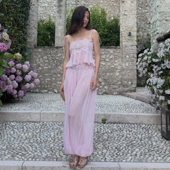 Lace Embroidered Square Neck Sheer Crop Top And Wide Pants Set