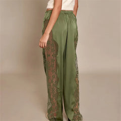 Satin Wide Leg Lace Patchwork Drawstring Pants