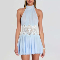 Blue Halter Lace Waist Cutout Mini Dress