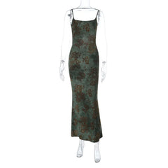 Green Printed Open Back Bodycon Strappy Maxi Dress