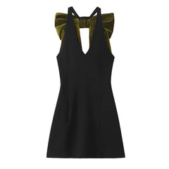 Black Halter Green Bow Mini Dress