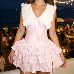 Striped Eyelet Sailor Collar Big Bow Ruffle Tiered Mini Dress