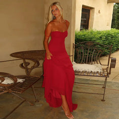 Red Ruffled Maxi Dress – Lace-Up Strappy Back
