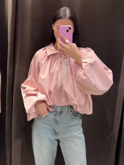 Short Pink Balloon Sleeve Bomber Pleated Zipper Jacket