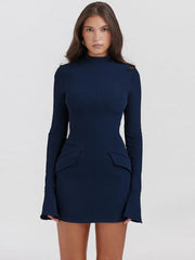 Dark Blue Long Sleeve Bodycon Mini Dress - Free From Label