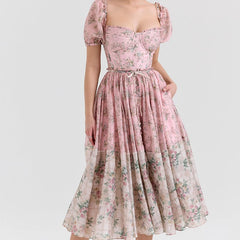Two Tone Floral Print Puff Sleeve Midi Dress