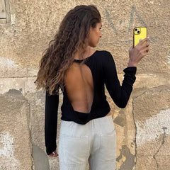 Solid Hollow Out Backless Long Sleeve T-Shirt