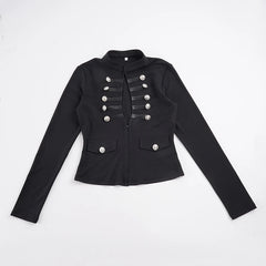 Black Baroque Stand Collar Long Sleeve Front Metal Button Top