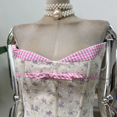 Floral Plaid Corset Strapless Top And Mini Skirt Set