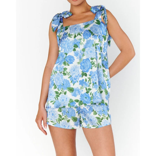 Floral Satin Bow-Tied Tank Top and Elastic Shorts Loungewear Set