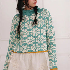 Floral Jacquard Cropped Knit Roll Neck Sweater