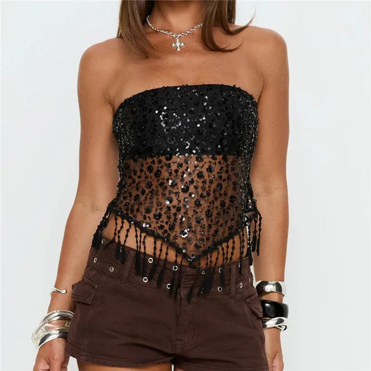 Black Sequin Fringe Trim Tube Top