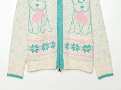Knit Collar Puppy Embroidery Long Sleeve Zip Up Sweater