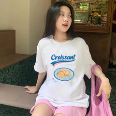 Croissant Print Short Sleeve O-Neck Cotton Y2k Oversized Tshirt