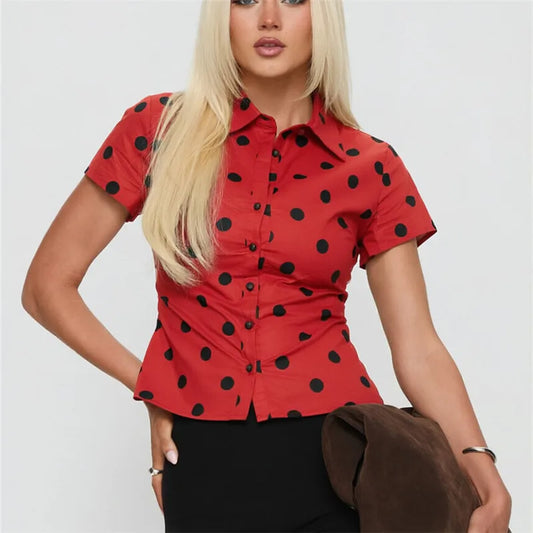 Polka Dot Short Sleeve Lapel Collar Front Button Top