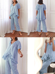 Woman wearing a blue checkered pajama set in various poses with a white curtain background.
