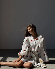 White Printed Ruffle Long Sleeve Shirt And Shorts Set