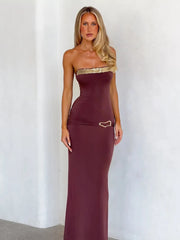 Brown Strapless Sequin Trim Metal Decoration Long Dress