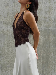 White Lace Black Patchwork Halter Maxi Dress