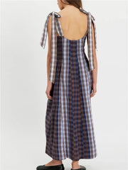 Plaid Patchwork Print Tie Shoulder Strap Maxi Dress