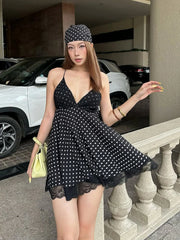 Black V-Neck Polka Dot Print Mini Dress