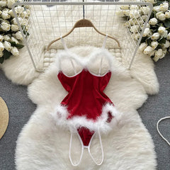 Red Velvet Fur Bodysuit Christmas Lingerie