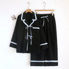 Contrast Seam Bow Long Sleeve Shirt And Wide Legs Pajama Set