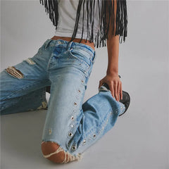 Distressed Ripped Eyelet Rivet Embellished Denim Trousers