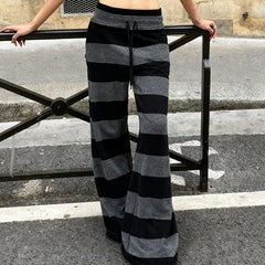 Black Striped Drawstring Flare Pants