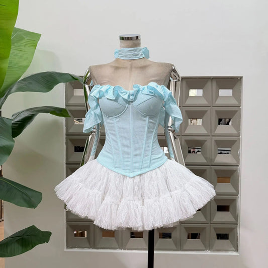 Ruffled Trim Off-shoulder Crop Top And White Tulle Mini Skirt Set