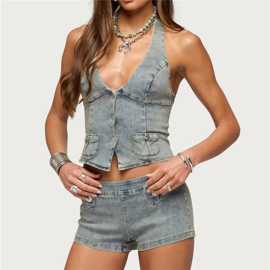 Denim Halter Crop Top and Low Waist Shorts Set