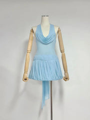 Halter Neck Folds Draped Pleated Hem Mini Dress