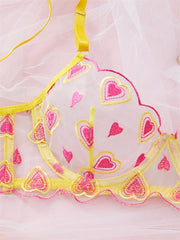 Yellow Heart Embroidery Mesh Lingerie Set