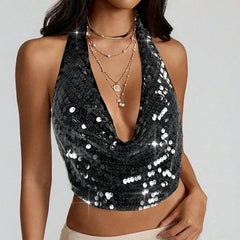 Sequin Halter Cowl Neck Tie Up Top