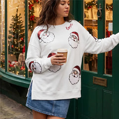 Sequin Santa Claus Face Crew Neck Pullover