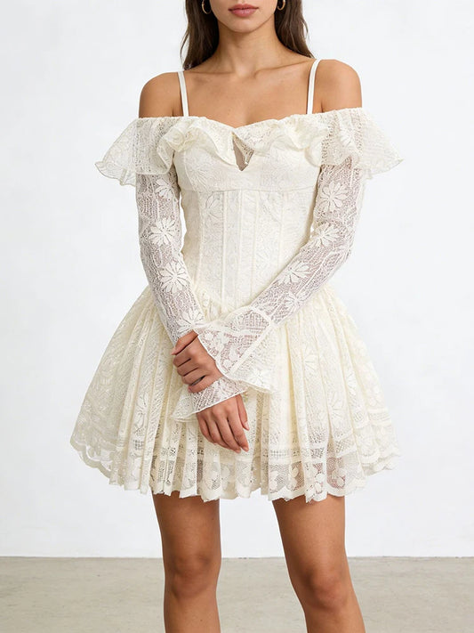 White Off The Shoulder Lace Ruffles Mini Dress