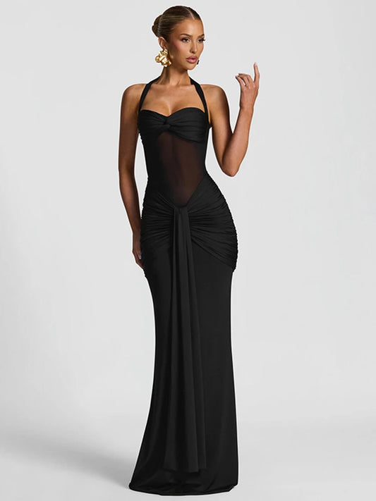 Sheer Patchwork Wrap Tie Up Maxi Dress