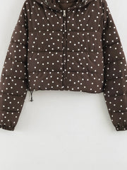Polka Dot Zip Up Drawstring Hem Hooded Jacket
