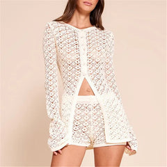 Crochet Long Sleeve Tee with Shorts Set