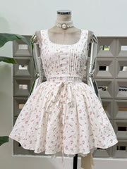 White Floral Tie Belt Flared A-Line Mini Dress