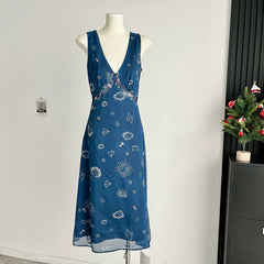 Blue Celestial Print V-Neck Dress