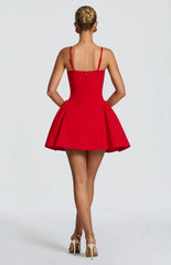 Red Strap Pleated A-Line Mini Dress
