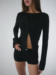 Button Long Sleeve Hollowed Out Top
