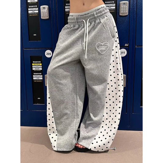 Grey Wide Leg Polka Dot Patchwork Sweatpants